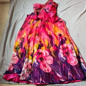 Pink Floral One Shoulder Prom Dress